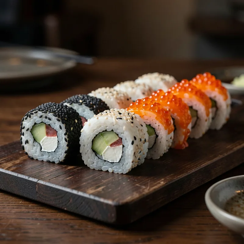 Assortiment de california rolls enrobés de sésame et de tobiko sur une planche sombre