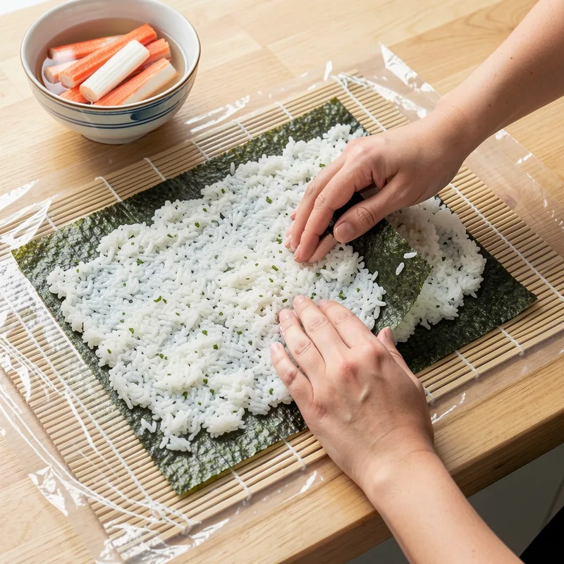 Riz vinaigré étalé sur une feuille de nori posée sur une natte de bambou filmée