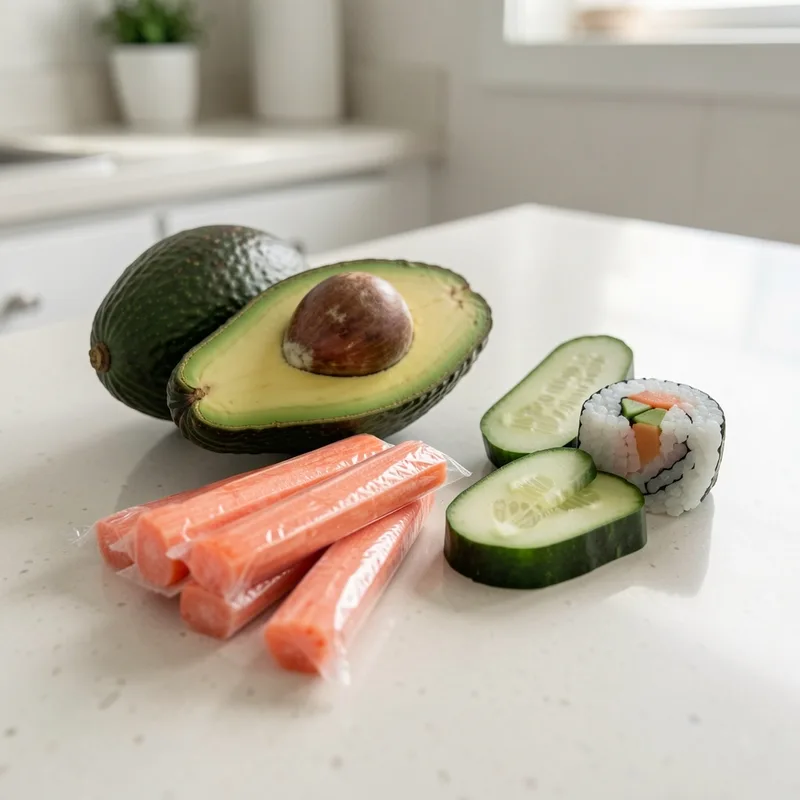 Moitié d&rsquo;avocat mûr et bâtonnets de surimi disposés près d&rsquo;un rouleau tranché
