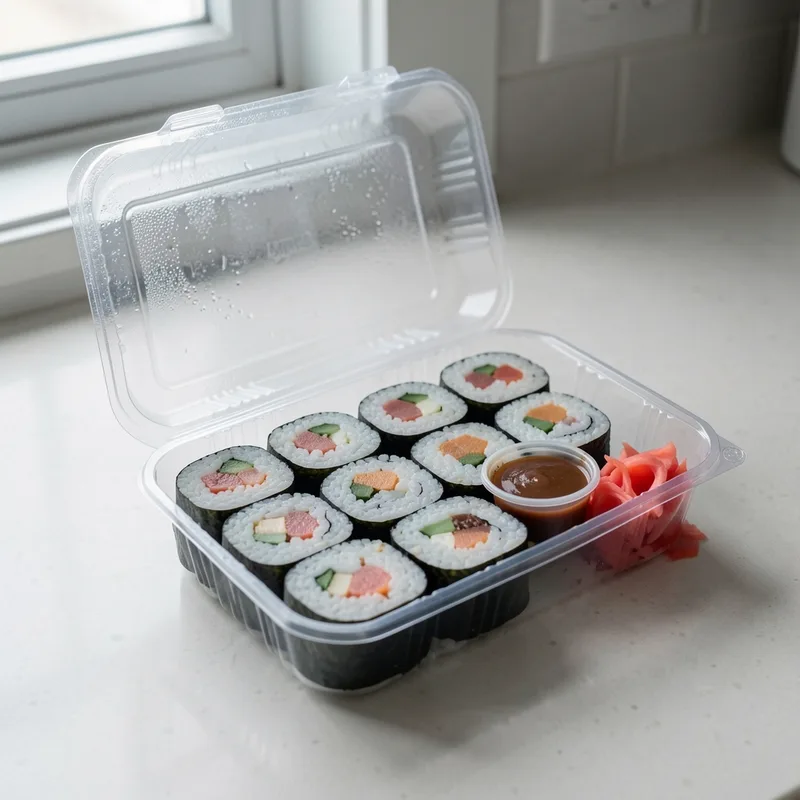 Plateau de california rolls en barquette de livraison posé sur un plan de travail clair