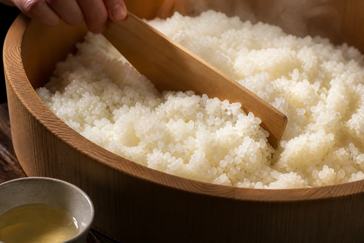 Riz japonica vinaigré ventilé à la spatule dans un large saladier en bois