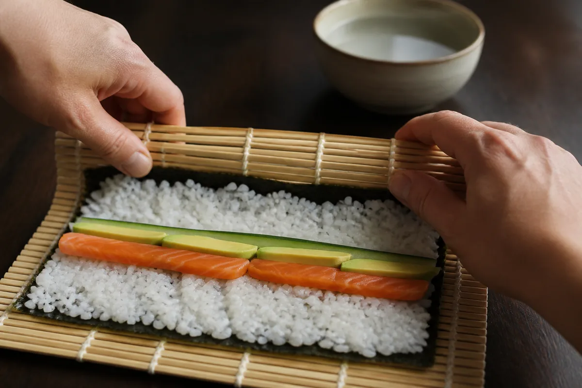 Rouleau de maki en cours de formation sur une natte de bambou