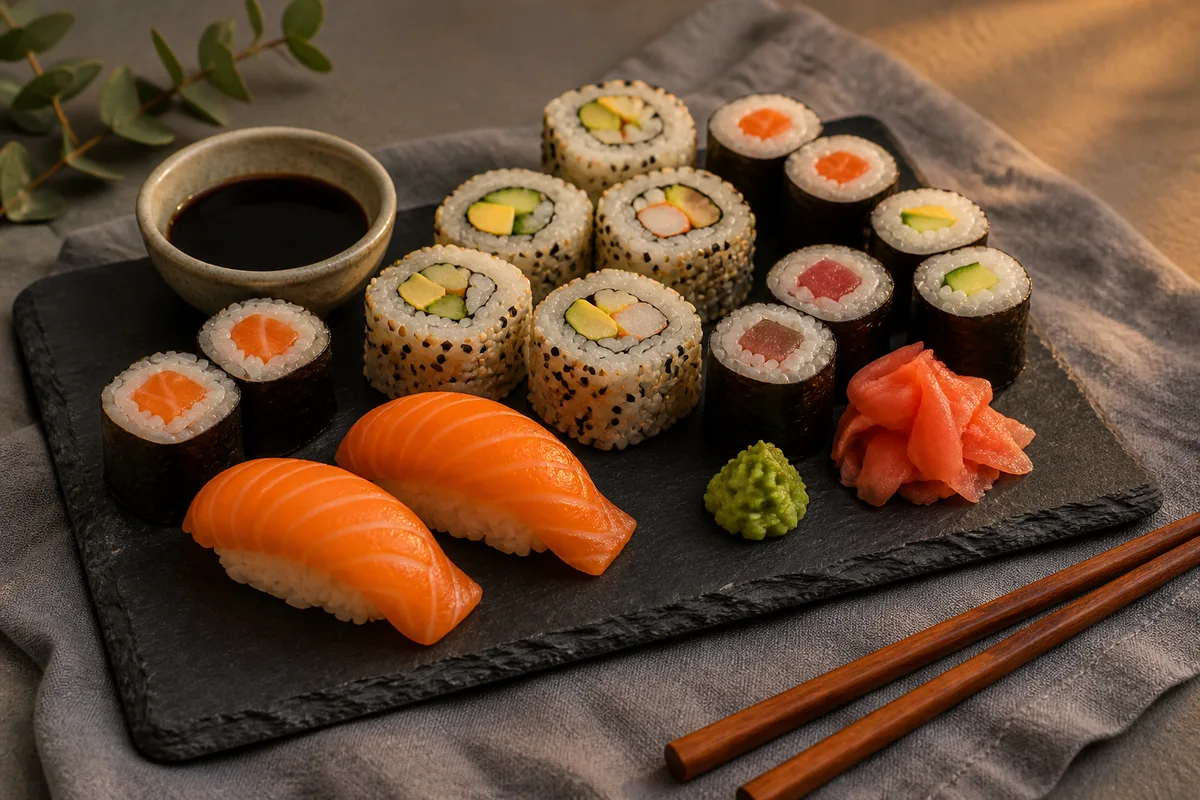 Plateau de sushis maison dressé avec sauce soja et gingembre mariné
