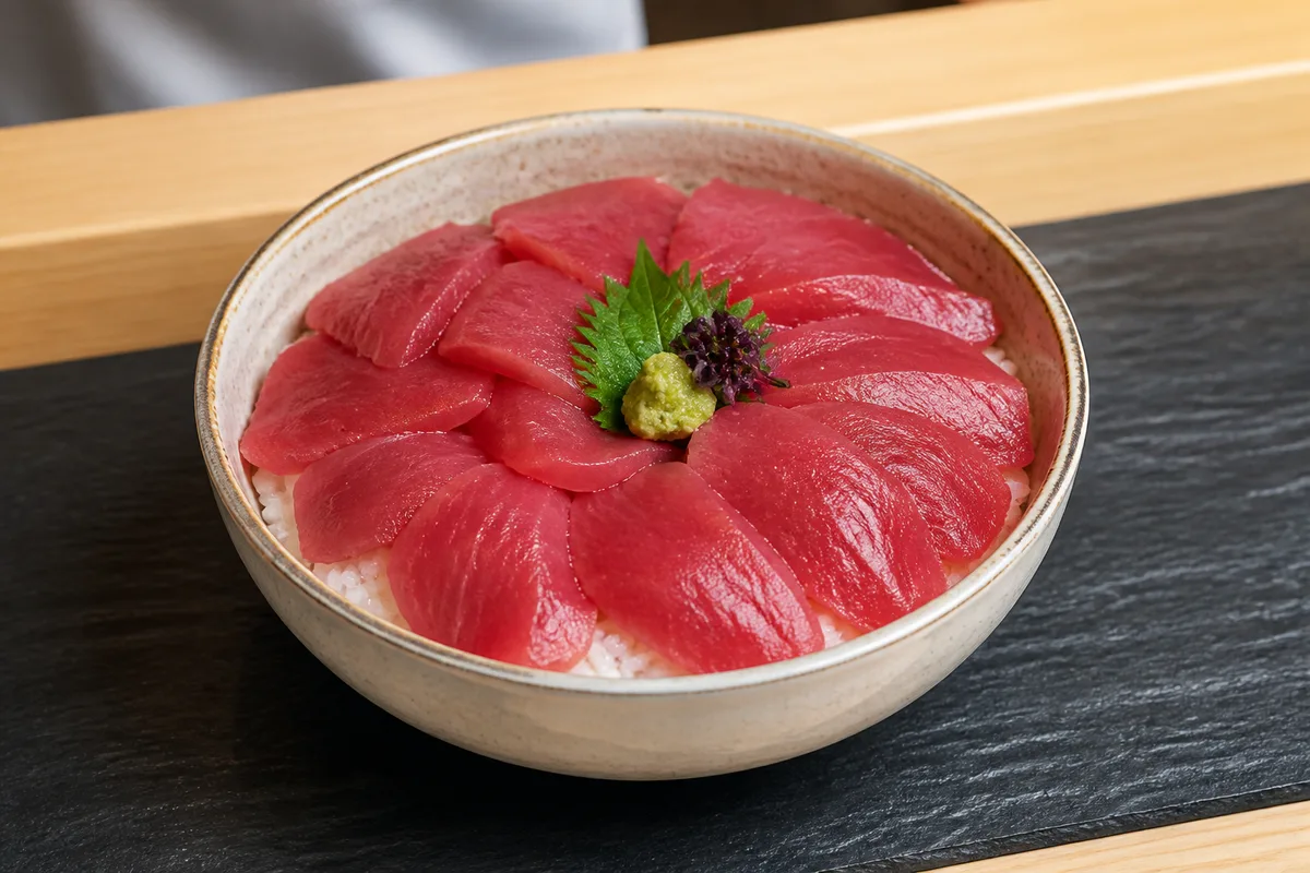 Bol de chirashi garni de tranches de thon rouge sur un lit de riz vinaigré