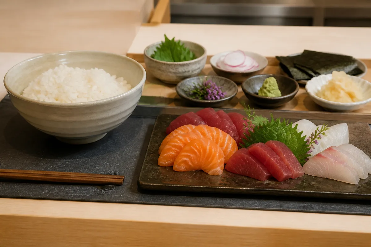 Plan de travail avec riz vinaigré, tranches de poisson et garnitures pour composer un chirashi
