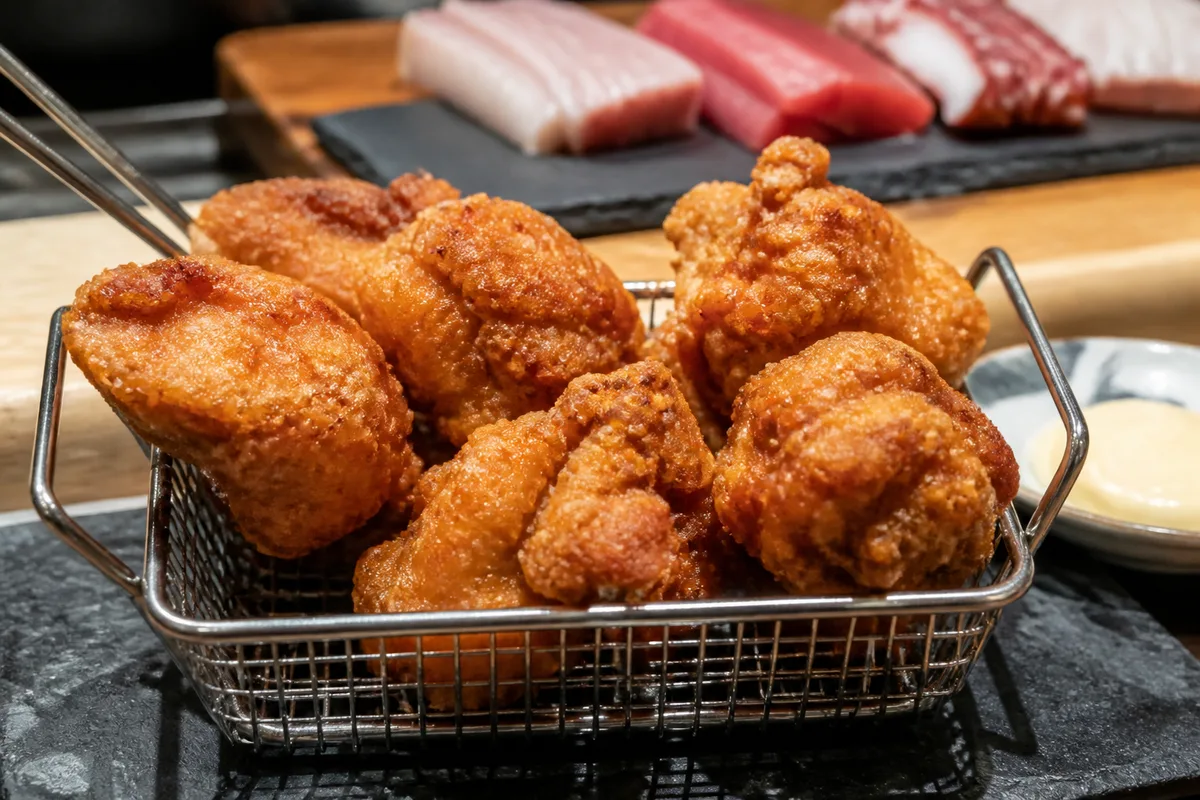 Morceaux de karaage dorés dans un panier de friture, croûte irrégulière et croustillante