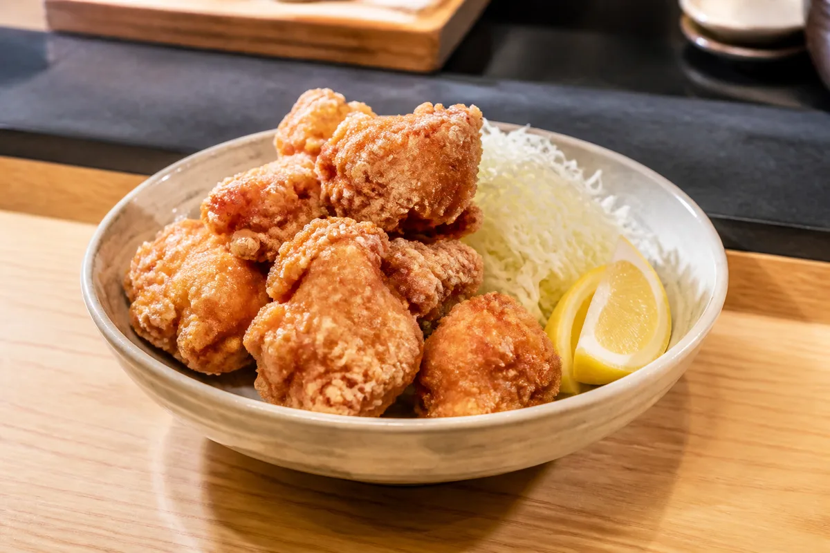 Bol de karaage servi avec quartier de citron et chou émincé sur une table en bois