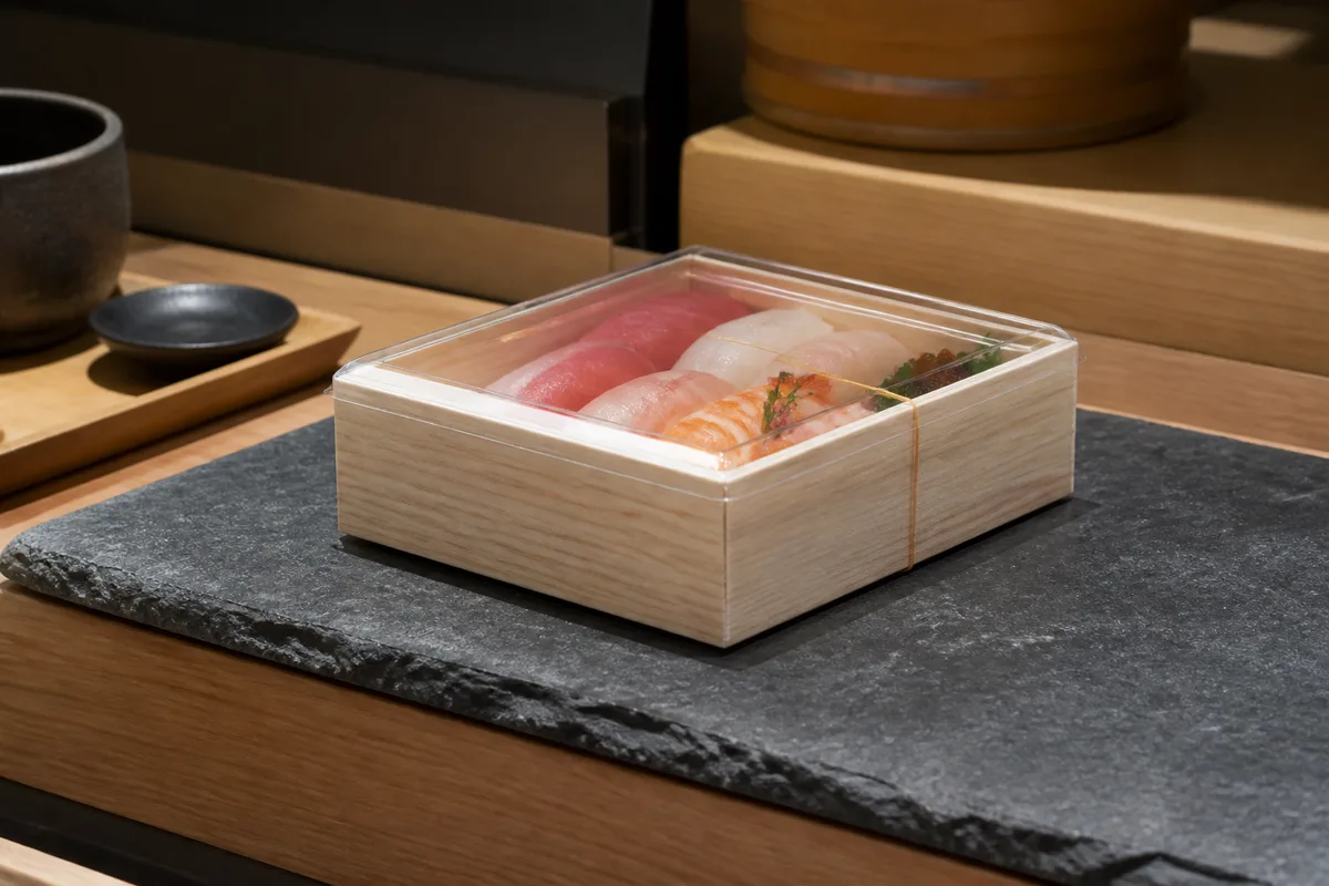 Boîte de sushis fermée posée sur un plan de travail, prête pour la livraison