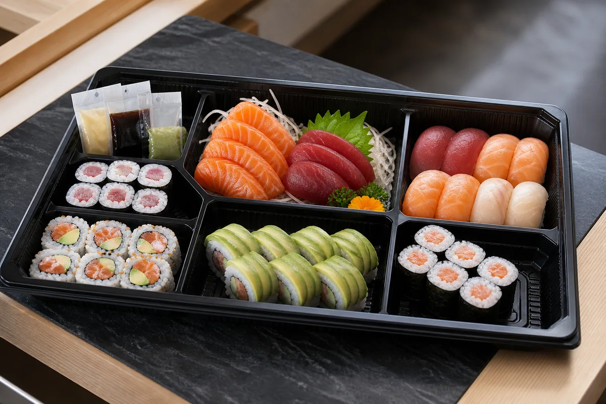 Plateau de sushis ouvert avec compartiments séparés et sachets de sauce