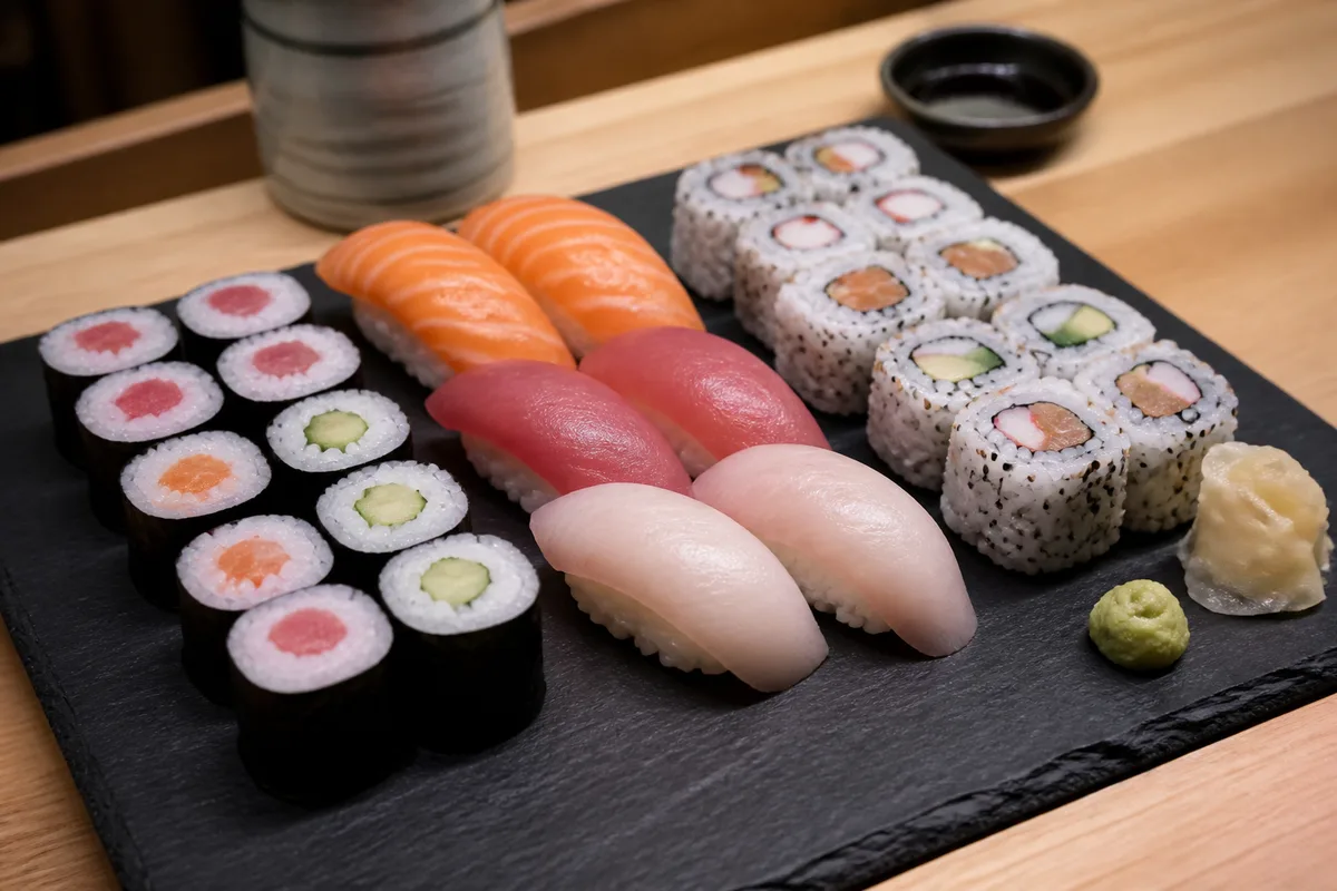 Assortiment de sushis présentant maki, nigiri et california roll côte à côte