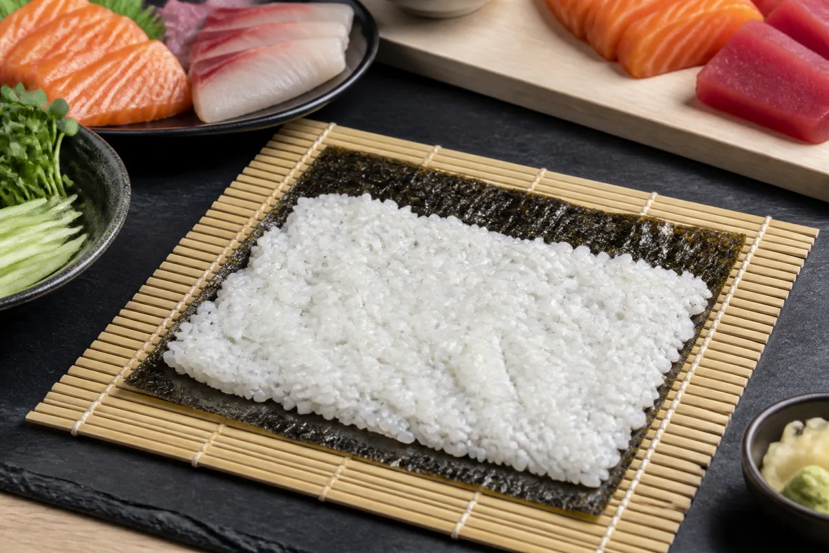 Feuille de nori et riz vinaigré étalé sur une natte de bambou avant roulage