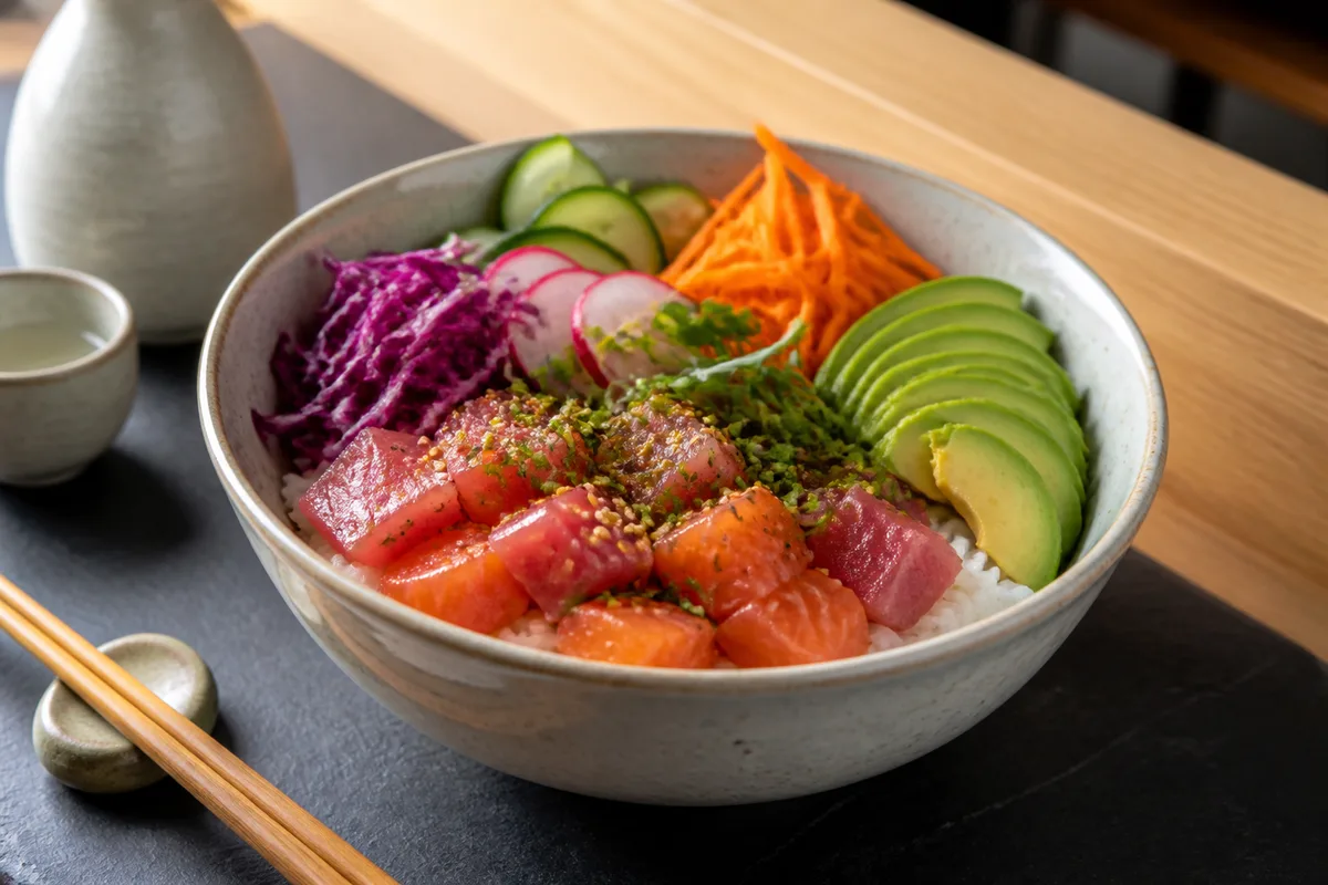 Poke bowl composé de riz, dés de poisson, avocat et légumes croquants