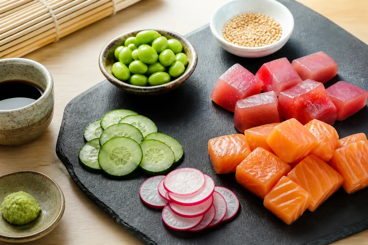 Ingrédients d&rsquo;un poke bowl disposés séparément : concombre, edamame, radis, sésame