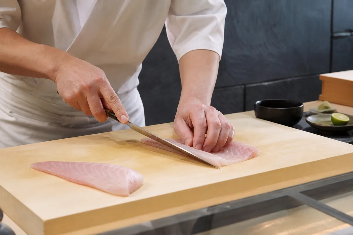 Poissonnier découpant un filet à la lame longue sur une planche propre