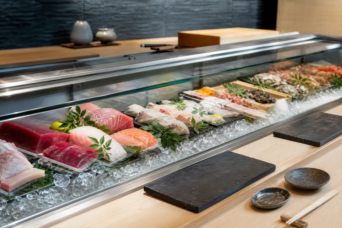Vitrine réfrigérée de comptoir à sushi avec préparations disposées sur glace